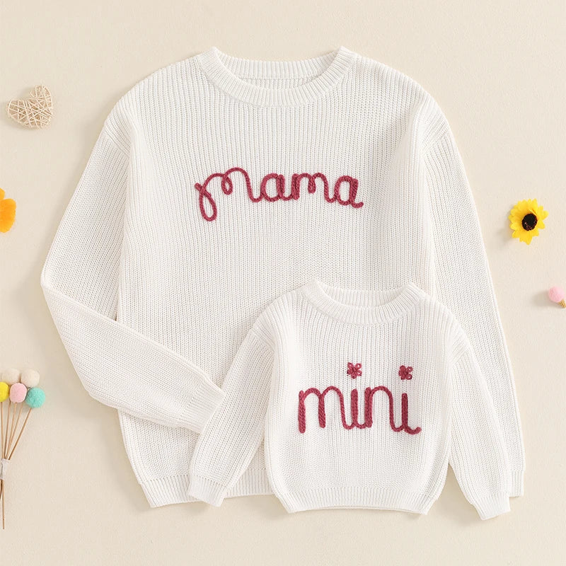 Family Matching Sweaters Mommy and Me Letter Embroidery Round Neck Knitwear Comfortable Warm Tops