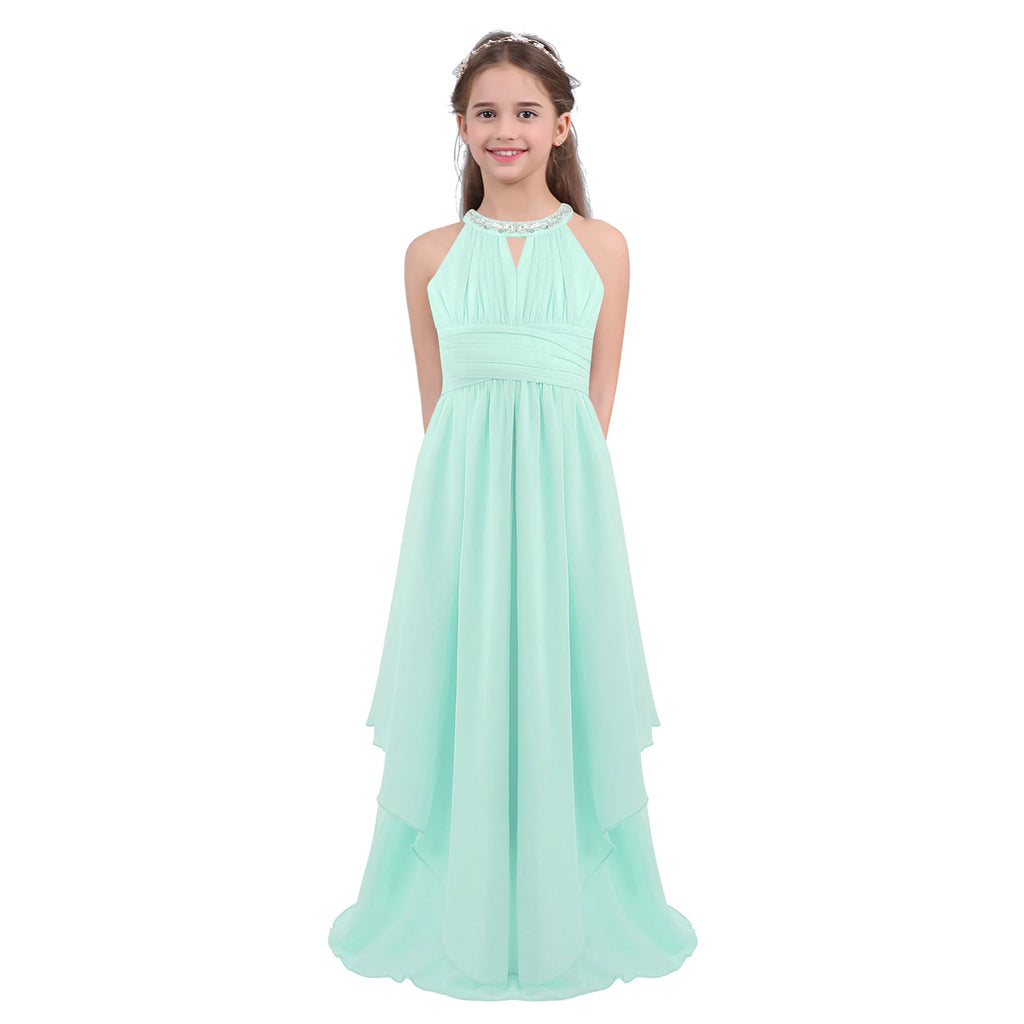 Chiffon Flower Girls Dress Floor-Length Sleeveless Wedding Party Dress Sequined Halter Flower Girl Dress Princess Pageant Dress