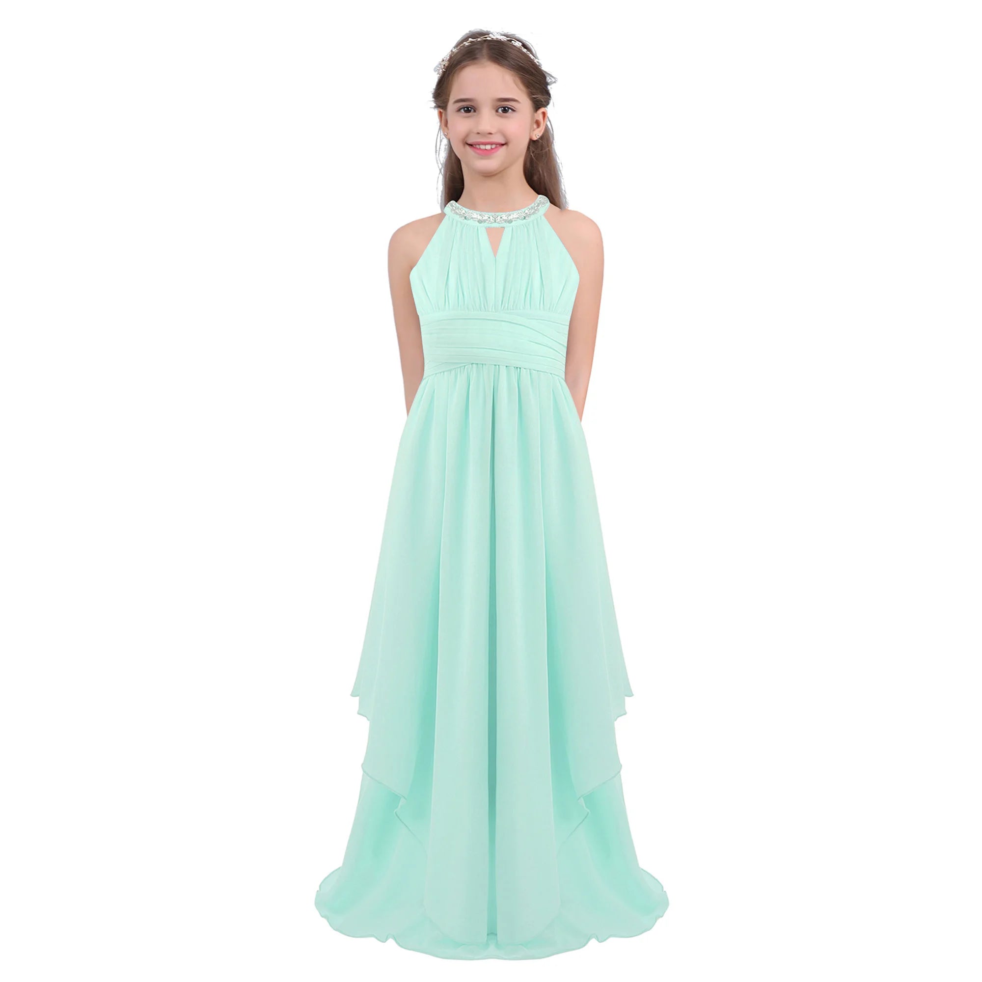 Chiffon Flower Girls Dress Floor-Length Sleeveless Wedding Party Dress Sequined Halter Flower Girl Dress Princess Pageant Dress