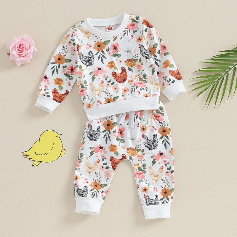 Citgeett Autumn Toddler Baby Girl Fall Clothes Set Flower Print Long Sleeve Tops Elastic Waist Pants Outfit Clothes