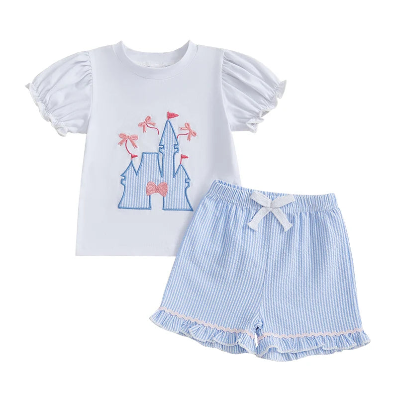 2025-04-06 Lioraitiin Toddler Girls Summer Outfit Bow Embroidery Short Sleeves T-Shirt and Elastic Striped Shorts Set Clothes