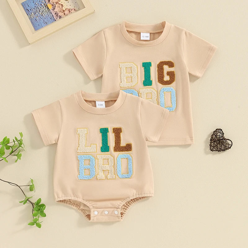 2024-01-11 Lioraitiin Summer Toddler Baby Boy T-Shirts Rompers BIG BRO Fuzzy Embroidered Letter Crewneck Short Sleeve Tops