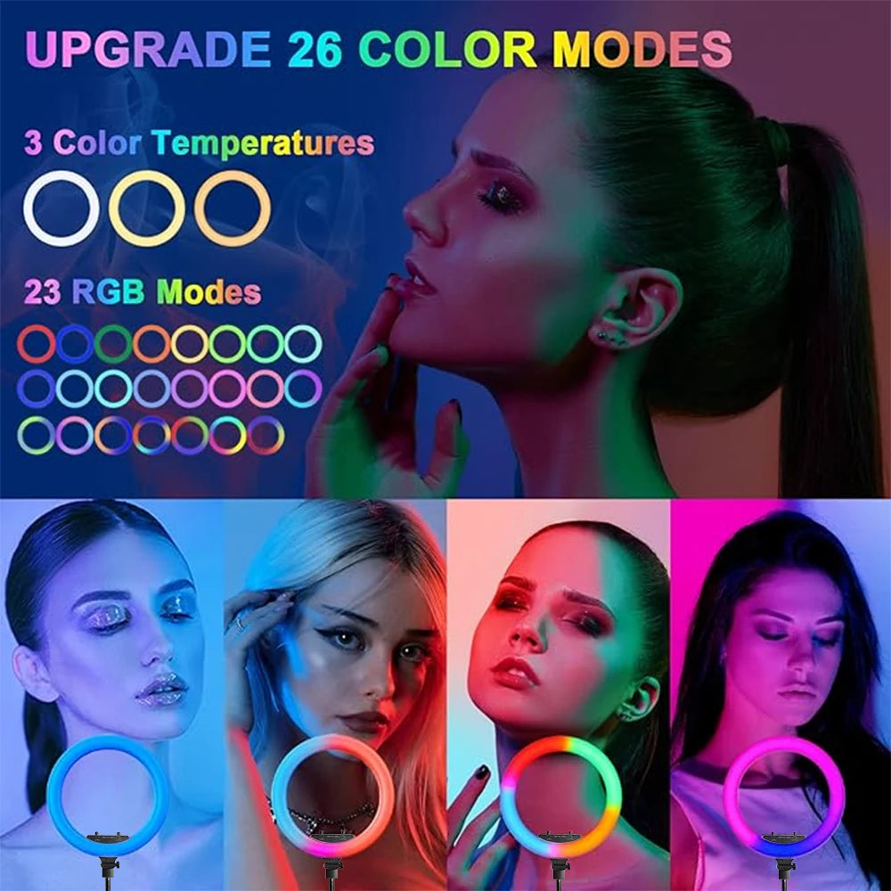 Dimmable Selfie Ring Lamp 18 Inch RGB Ring Light Photography With Tripod Phone Clip For Live Make Up Youtube Photography Studio