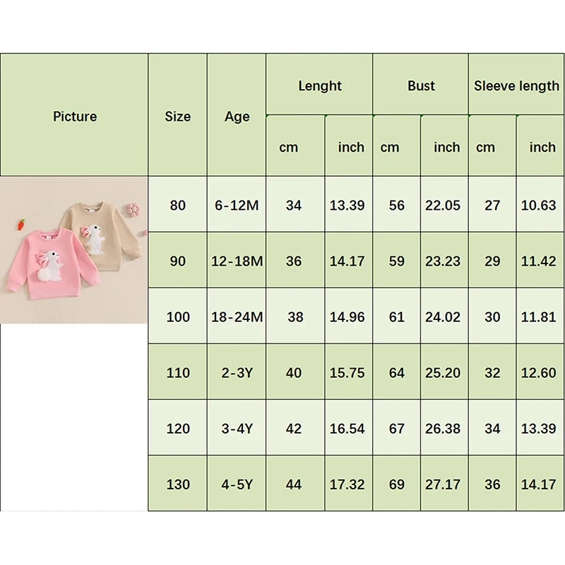 2024-11-29 Lioraitiin Toddler Girls Boys Sweatshirts Easter Clothes Rabbit Embroidered Long Sleeve Baby Pullovers Spring Clothes