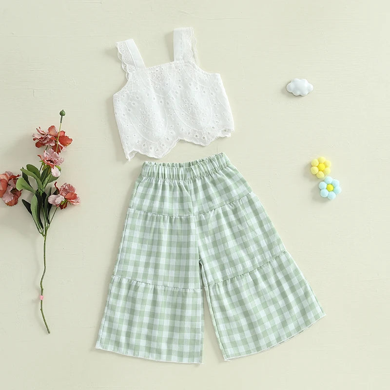 2024-12-02 Lioraitiin Toddler Girl Summer Clothes Eyelet Embroidery Cami Tops+Elastic Waist Plaid Print Wide Leg Pants 2Pcs Set