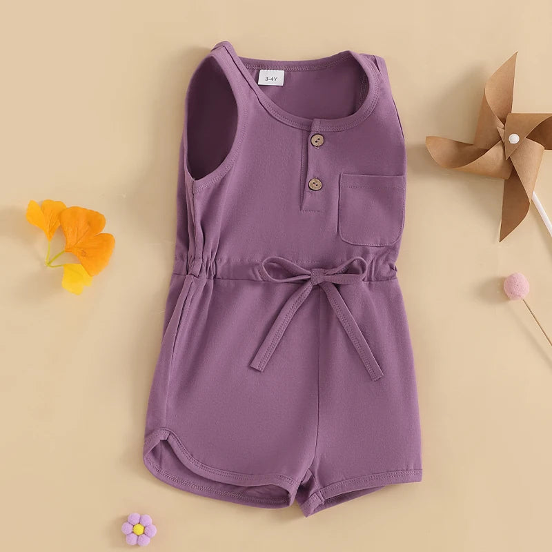 2024-12-04 Lioraitiin Litter Girls Summer Casual Jumpsuit Sleeveless Crewneck Solid Color Drawstring Tank Romper