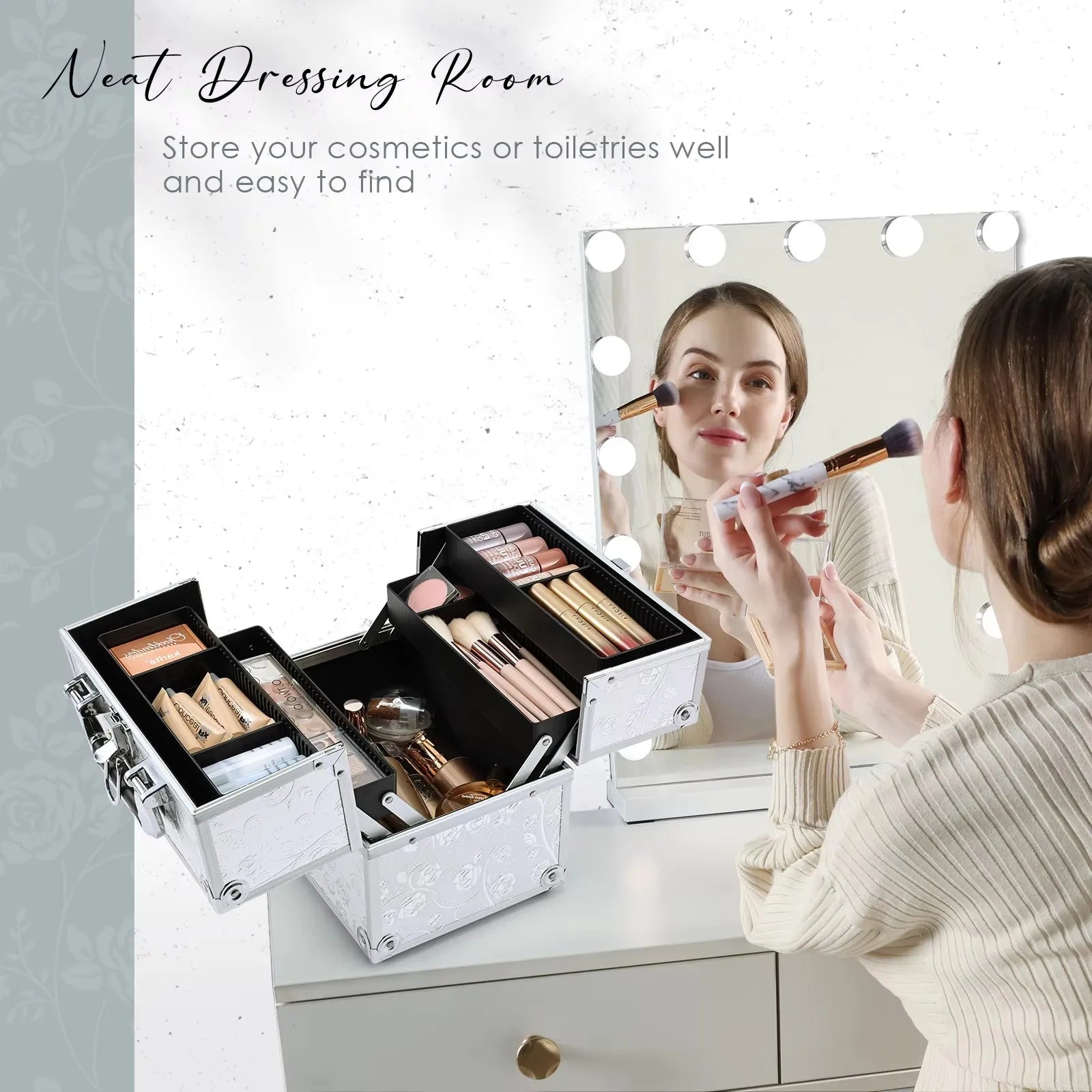 Makeup Train Case Cosmetic Organizer Case Portable Travel Storage Box 4 trays with Dividers Lockable Make Up Case Makeup Case