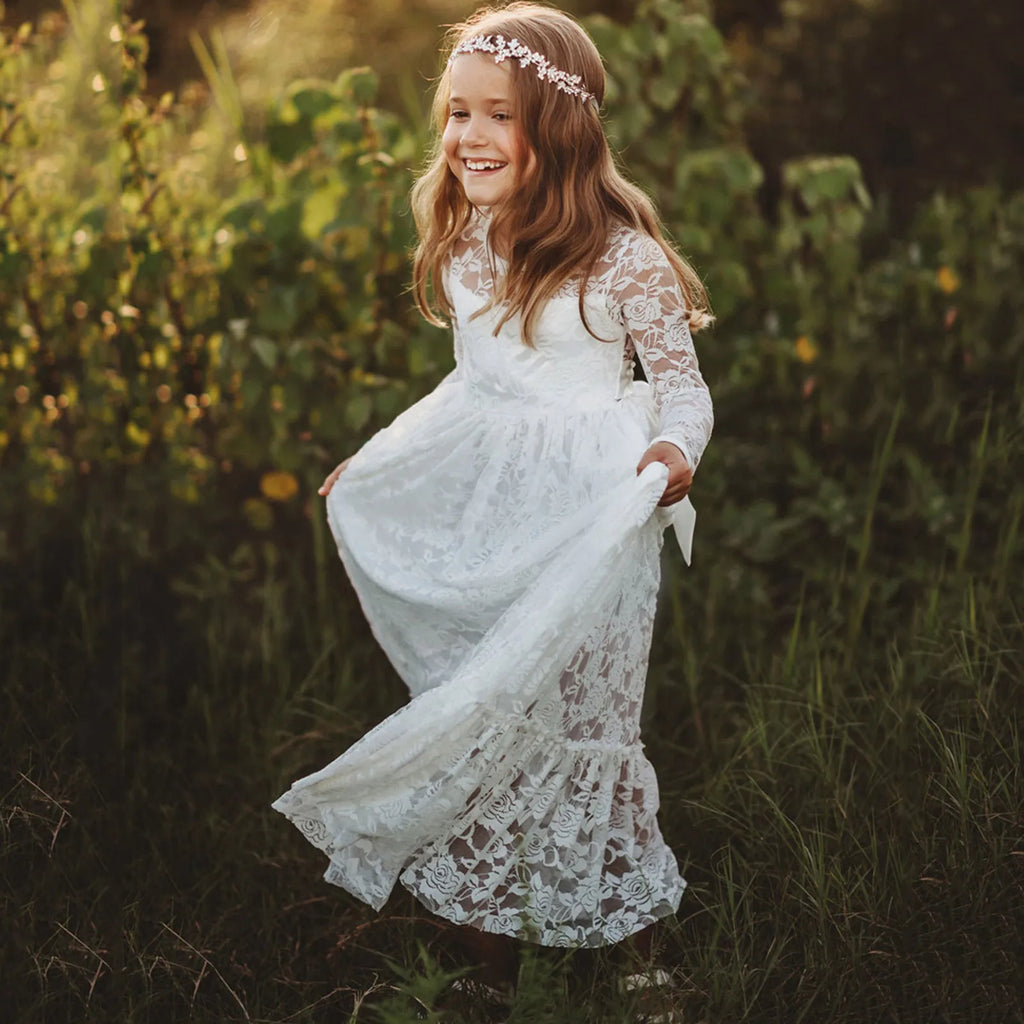 1st Birthday Outfit Girl Children's Lace Dress Dress Tie Belt Girls Chic Long Flower Girl Dresses Girl Bubble Dress