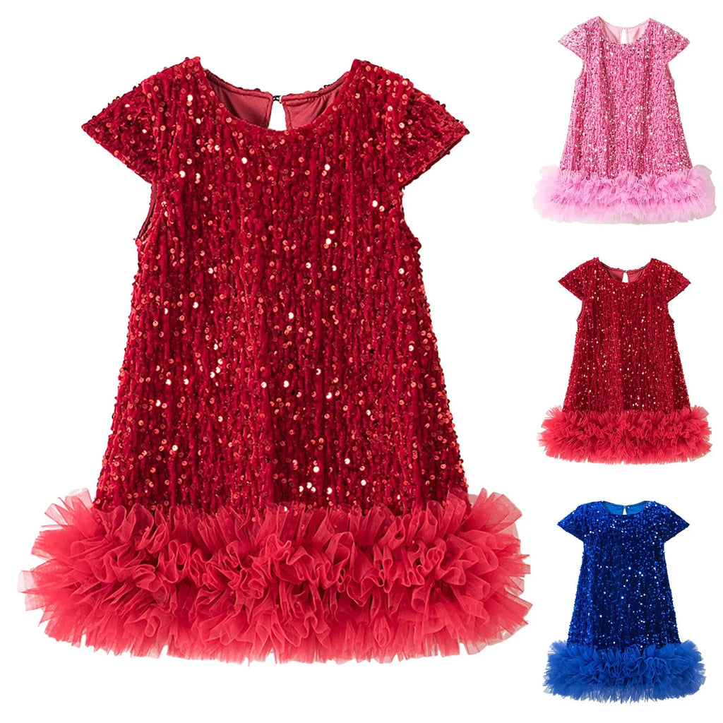 Party Dresses For Girls Fashion Sequin Mesh Splicing Undershirt Dresses Children New Year Temperament Dress Baby Holiday Dress