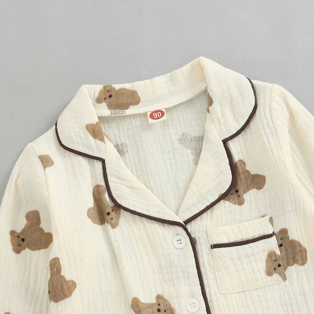 2022-07-06 Lioraitiin 0-6Years Kids Unisex Casual Pajama Suit Bear Printed Long Sleeve Front Pocket Lapel Tops Printed Long Pant