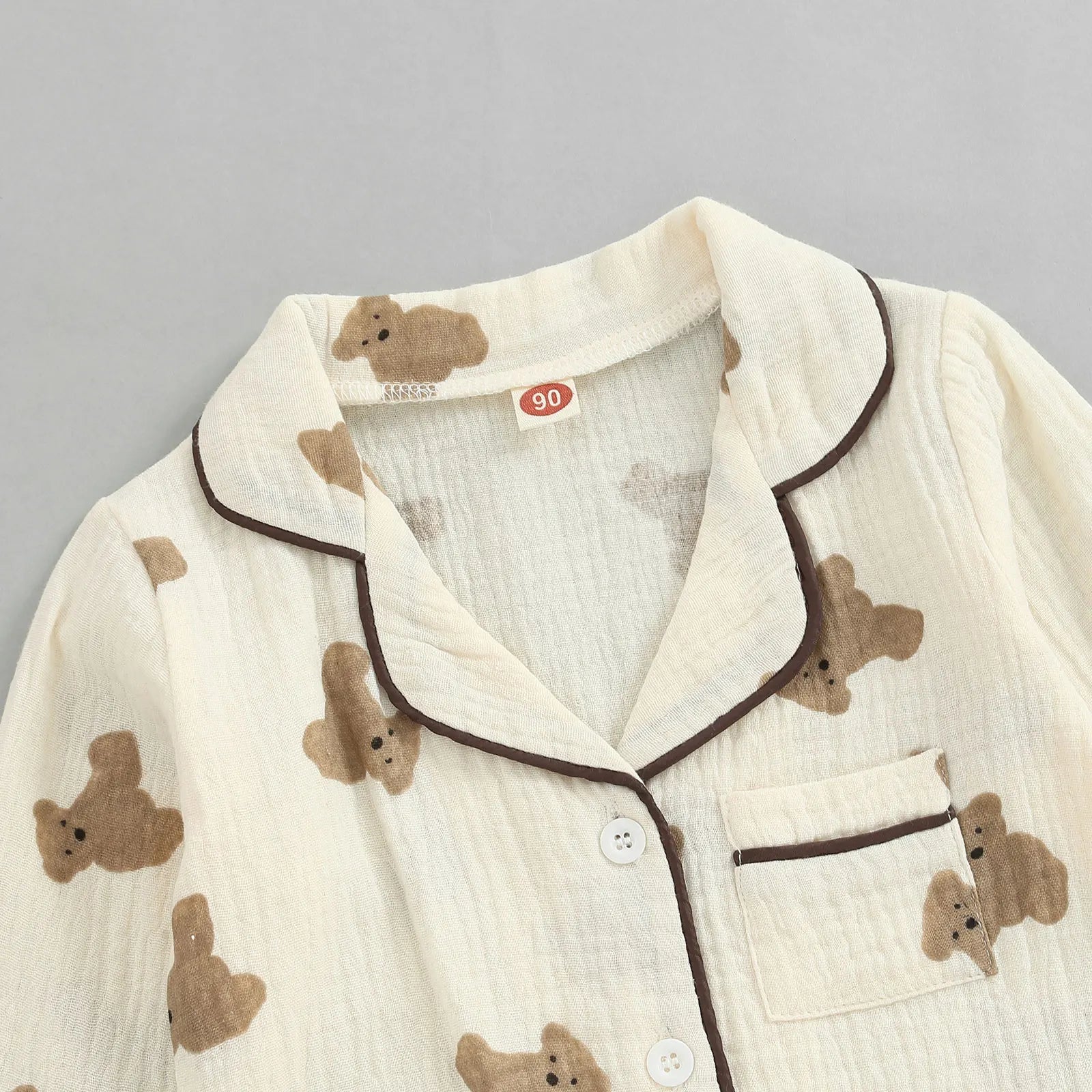 2022-07-06 Lioraitiin 0-6Years Kids Unisex Casual Pajama Suit Bear Printed Long Sleeve Front Pocket Lapel Tops Printed Long Pant