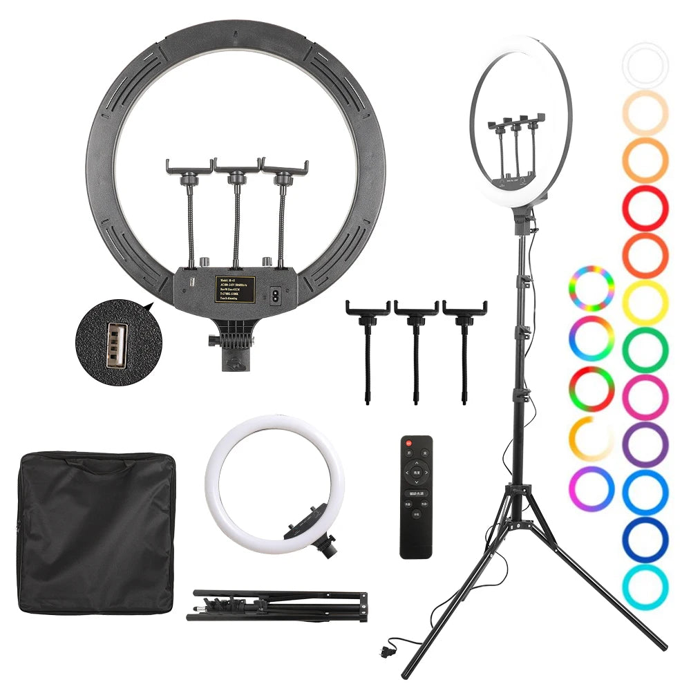 Dimmable Selfie Ring Lamp 18 Inch RGB Ring Light Photography With Tripod Phone Clip For Live Make Up Youtube Photography Studio