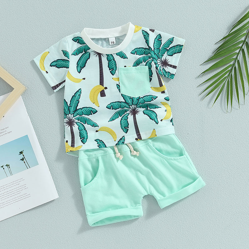 2023-04-21 Lioraitiin 0-3Years Toddler Baby Boy 2Pcs Summer Clothes Beach Tree Print Short Sleeve Crew Neck T-Shirts Shorts