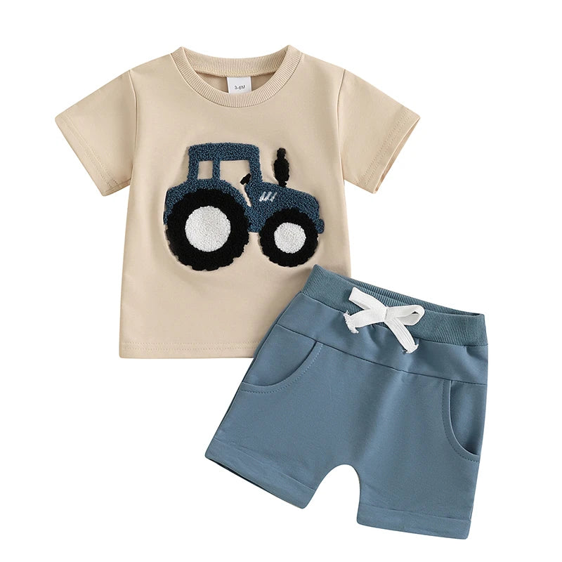 2024-11-21 Lioraitiin Toddler Boys Summer Outfit Truck Embroidered O-Neck Short Sleeve T-Shirts Elastic Waist Shorts Clothes Set
