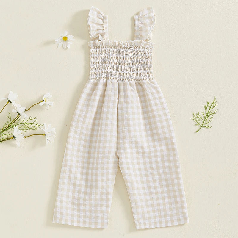 2025-01-06 Lioraitiin Baby Girl Rompers Ruffle Sleeveless Plaid Print Smocked Jumpsuit Suspender Pants Summer Outfit