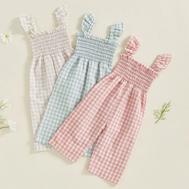 2025-01-06 Lioraitiin Baby Girl Rompers Ruffle Sleeveless Plaid Print Smocked Jumpsuit Suspender Pants Summer Outfit