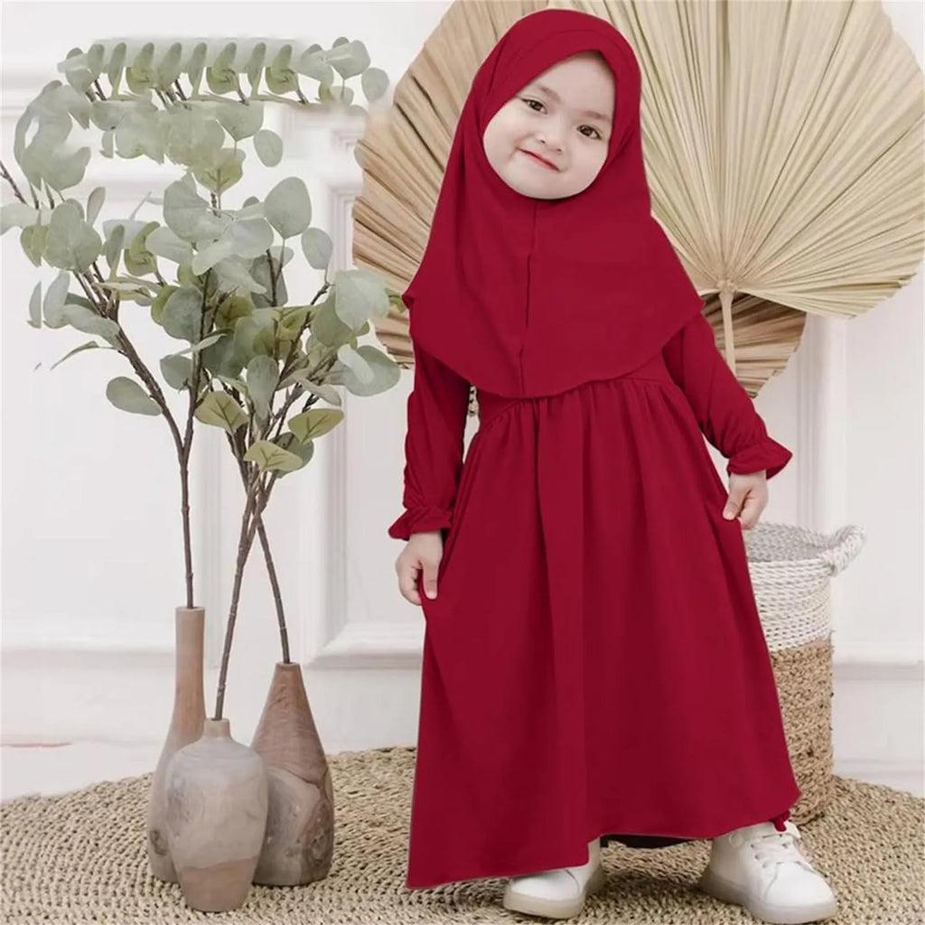 Baby Girl Auntie Outfits Muslim Abaya And Headscarf Set For Girls Pure Color Robe With Hijab Clothes for Girls 2t