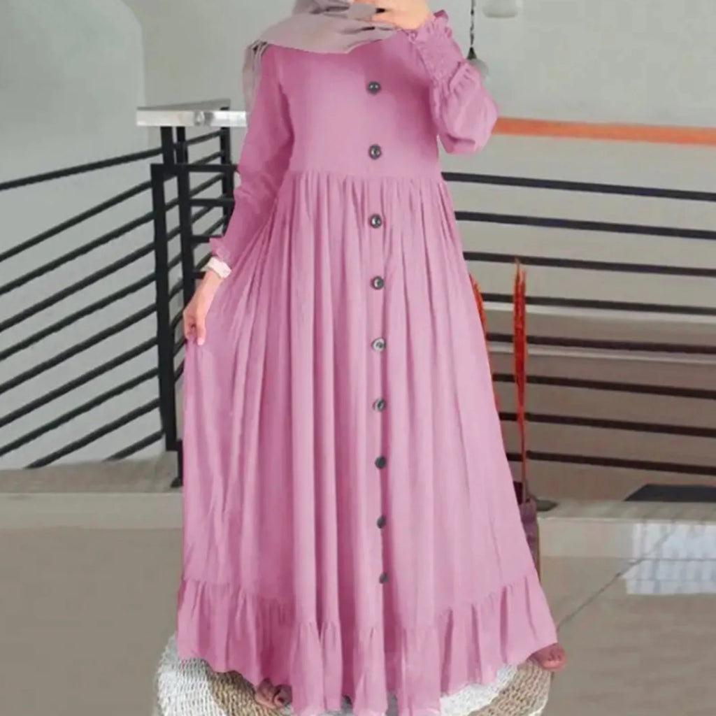 Women Muslim Dubai Abaya Turkey Hijab Dress Turkey Autumn Long Sleeve Buttons Down Sundress Islam Clothing Abayas Maxi Vestidos