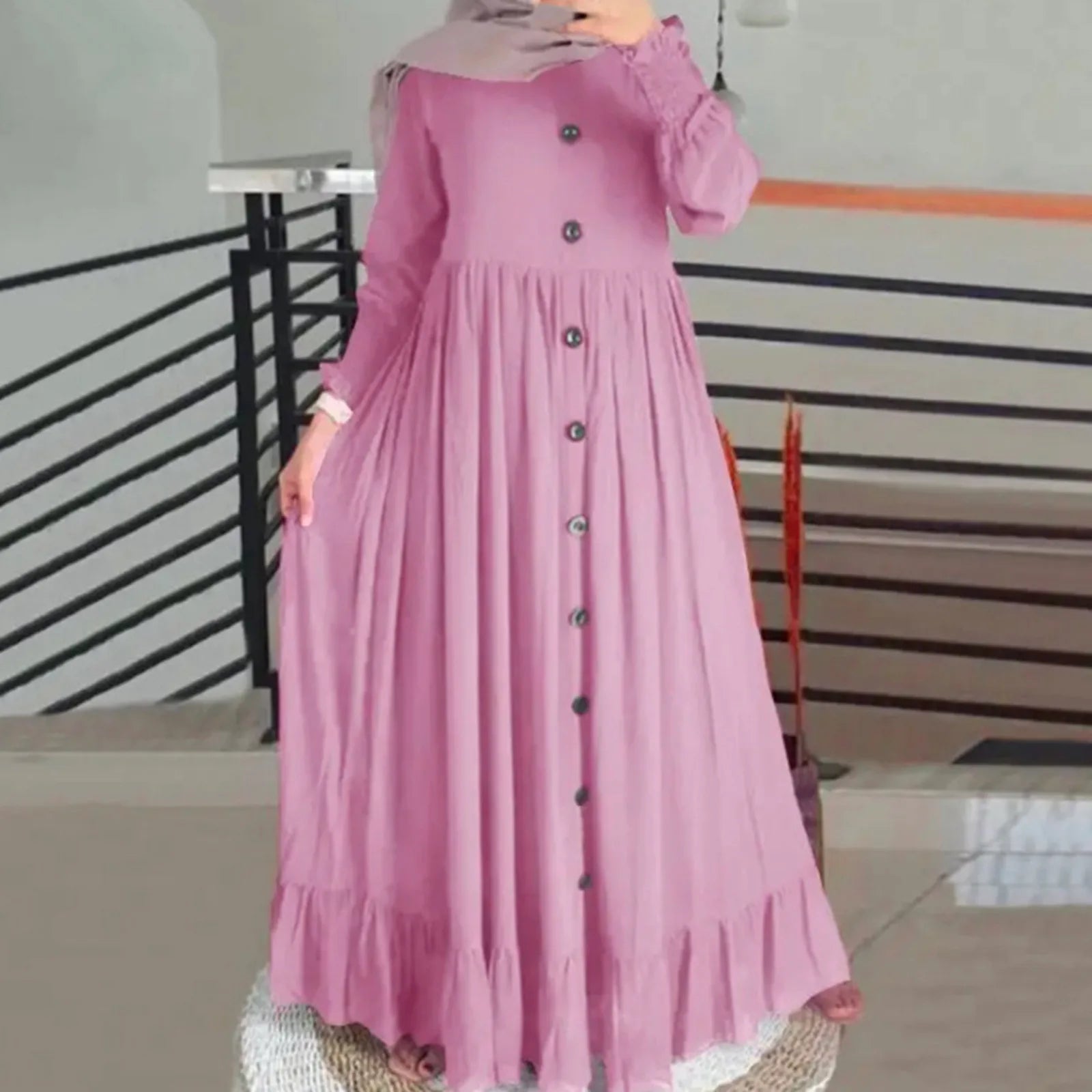Women Muslim Dubai Abaya Turkey Hijab Dress Turkey Autumn Long Sleeve Buttons Down Sundress Islam Clothing Abayas Maxi Vestidos