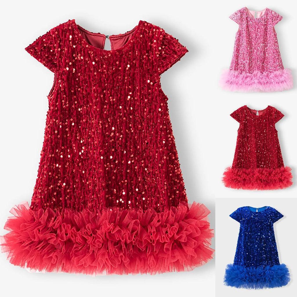 Party Dresses For Girls Fashion Sequin Mesh Splicing Undershirt Dresses Children New Year Temperament Dress Baby Holiday Dress