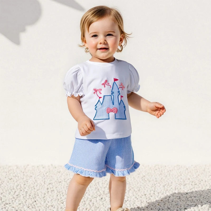 2025-04-06 Lioraitiin Toddler Girls Summer Outfit Bow Embroidery Short Sleeves T-Shirt and Elastic Striped Shorts Set Clothes