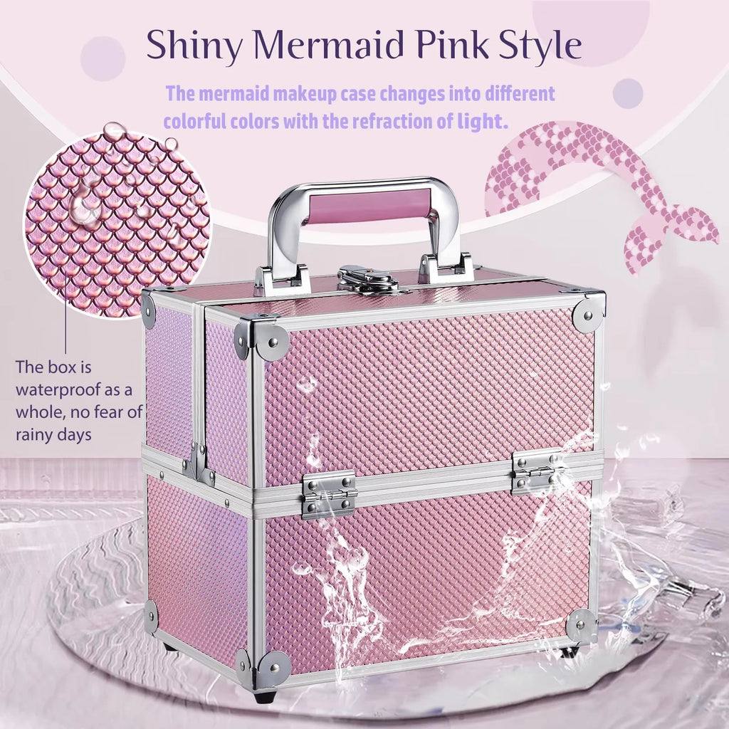 Makeup Train Case Cosmetic Organizer Case Portable Travel Storage Box 4 trays with Dividers Lockable Make Up Case Makeup Case
