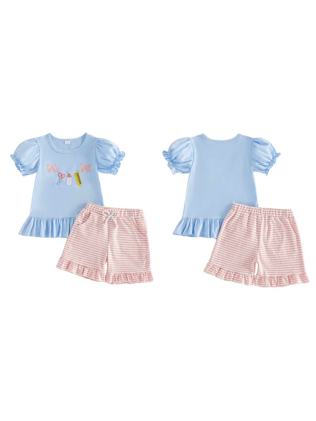Girl s Back to School Outfit Cute Ruler Bow Embroidered Short Sleeve Ruffle T-Shirt with Matching Striped Shorts - 2 Piece