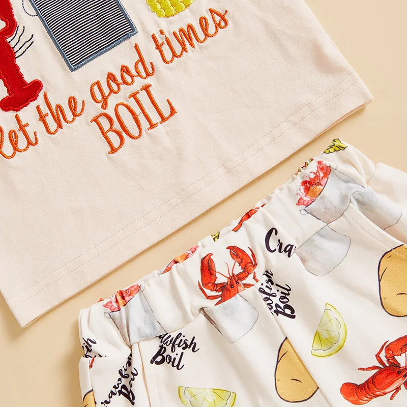 2024-12-10 Lioraitiin Kids Boys Summer Outfit Short Sleeve Crew Neck Embroidery T-shirt with Lobster Print Shorts Clothing Set