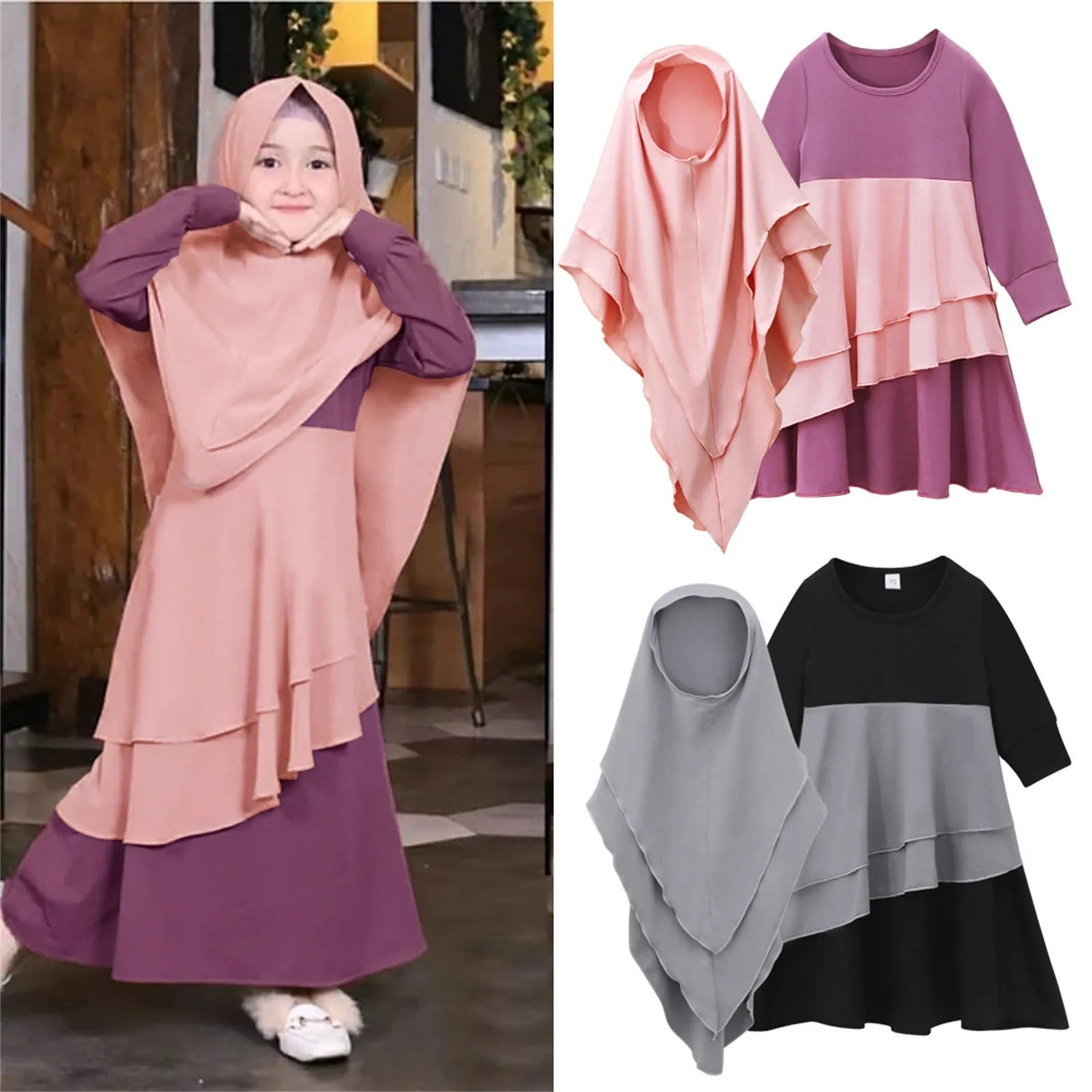 New Stock Clothes Muslim Baby Girls' Abaya With Hijab Full Length Robe Burka Maxi Little Kid Toddler Baby Girl Hoodies Set Girls