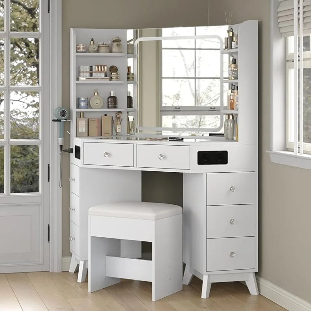 Corner Vanity Desk with Bluetooth Speaker, 8 Drawers & 6 Shelves, Modern Vanity with Mirror and Lights, Makeup Vanity with Glass