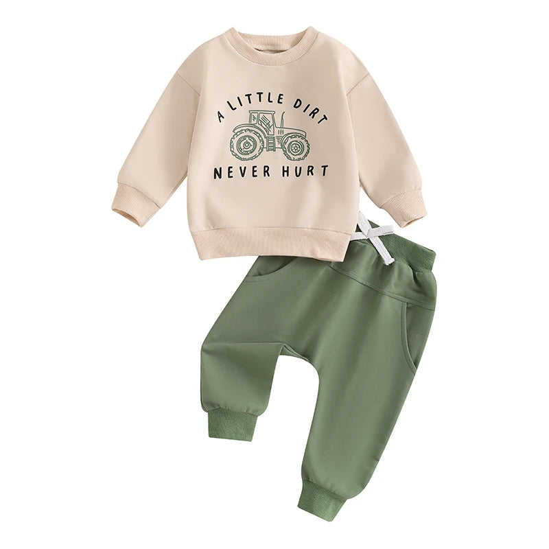 2024-05-27 Lioraitiin Baby Boy Fall Outfits Long Sleeve Tractor Letter Print Tops + Pants Set Toddler Winter Warm Clothes