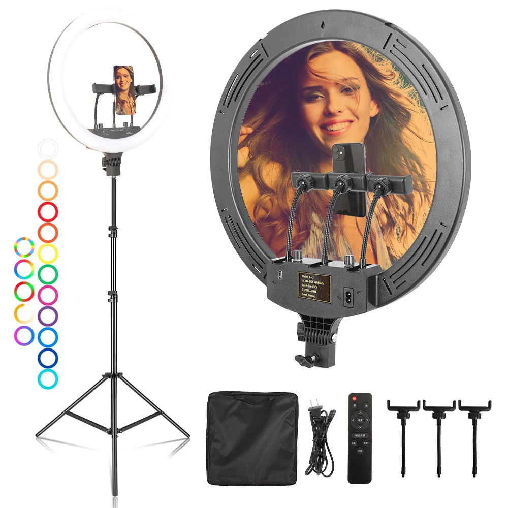 Dimmable Selfie Ring Lamp 18 Inch RGB Ring Light Photography With Tripod Phone Clip For Live Make Up Youtube Photography Studio