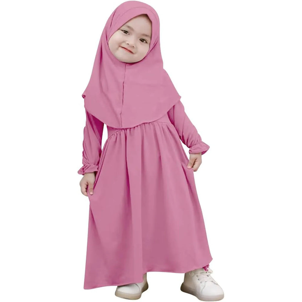Baby Girl Auntie Outfits Muslim Abaya And Headscarf Set For Girls Pure Color Robe With Hijab Clothes for Girls 2t
