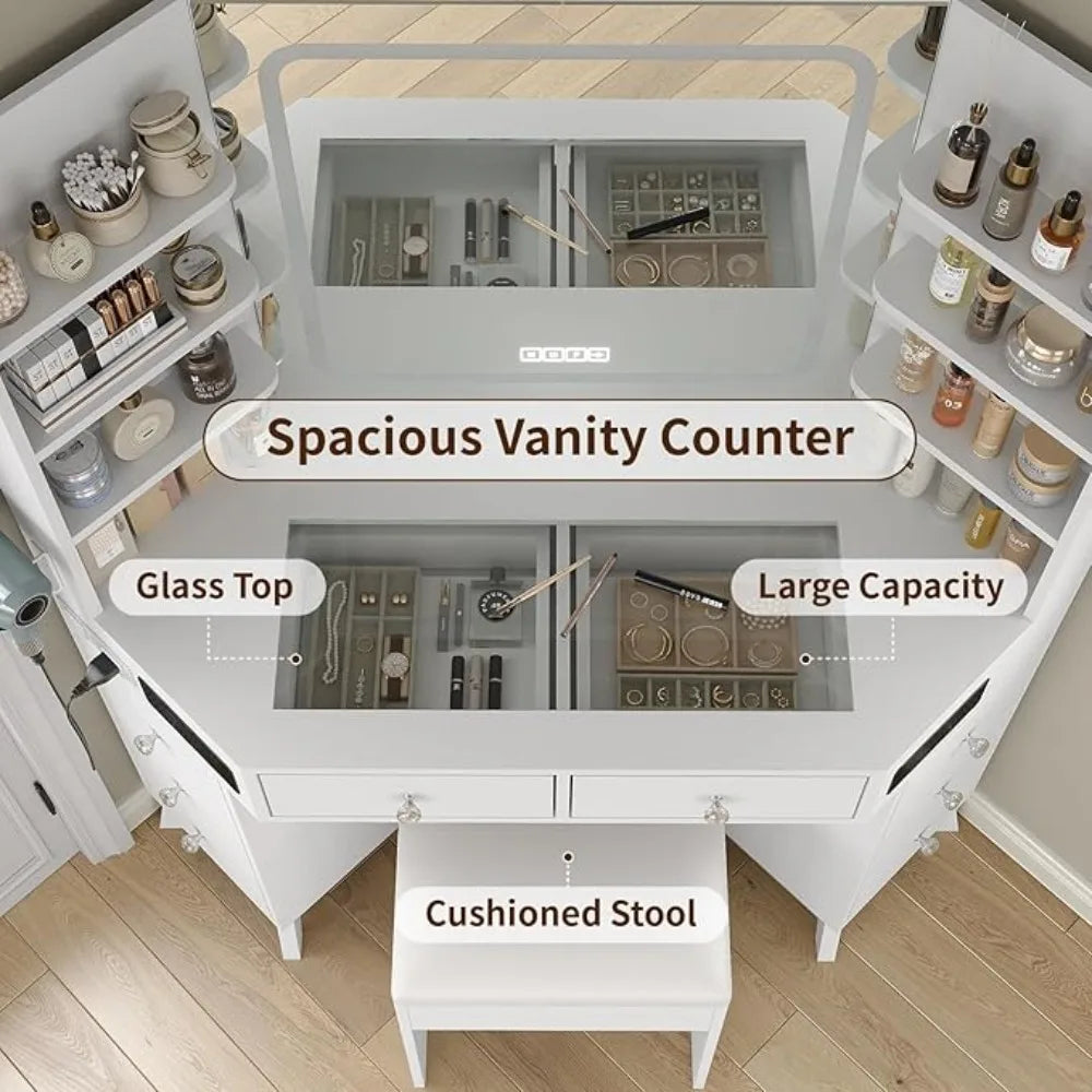 Corner Vanity Desk with Bluetooth Speaker, 8 Drawers & 6 Shelves, Modern Vanity with Mirror and Lights, Makeup Vanity with Glass