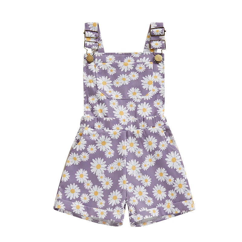 2024-01-09 Lioraitiin 0-6Y Toddler Kids Girls Jean Overalls Shorts Sunflowers Print Sleeveless Adjustable Strpas Denim Jumpsuit