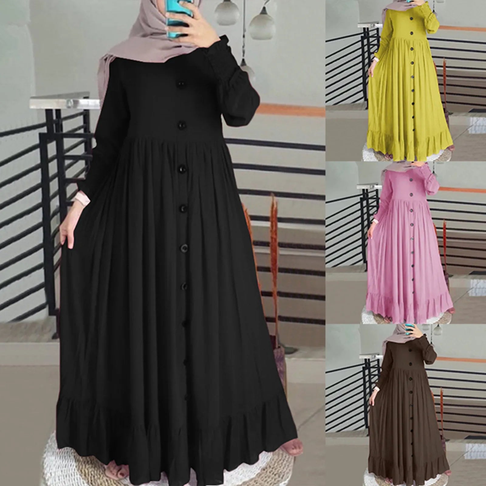 Women Muslim Dubai Abaya Turkey Hijab Dress Turkey Autumn Long Sleeve Buttons Down Sundress Islam Clothing Abayas Maxi Vestidos
