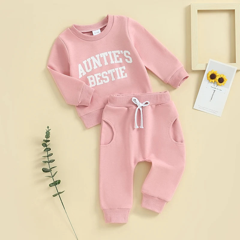Lioraitiin Toddler Baby Boy Girl Clothes Auntie s Little Bestie Long Sleeve Crewneck Sweatshirt Jogger Pants Set