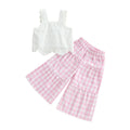 2024-12-02 Lioraitiin Toddler Girl Summer Clothes Eyelet Embroidery Cami Tops+Elastic Waist Plaid Print Wide Leg Pants 2Pcs Set