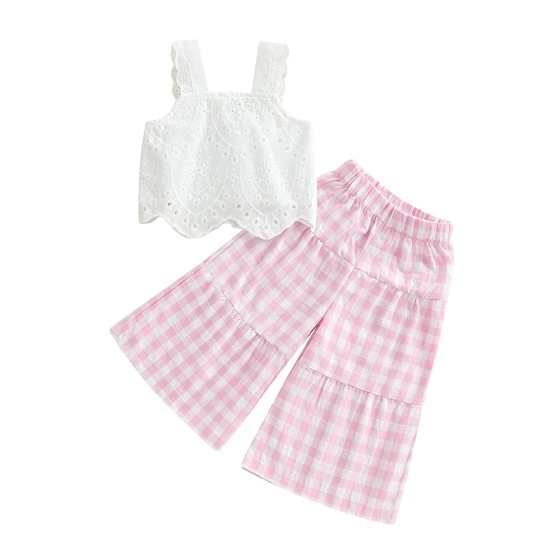 2024-12-02 Lioraitiin Toddler Girl Summer Clothes Eyelet Embroidery Cami Tops+Elastic Waist Plaid Print Wide Leg Pants 2Pcs Set