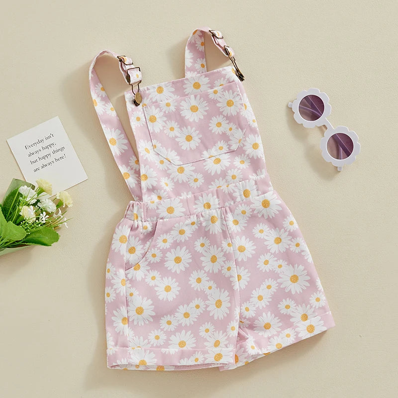 2024-01-09 Lioraitiin 0-6Y Toddler Kids Girls Jean Overalls Shorts Sunflowers Print Sleeveless Adjustable Strpas Denim Jumpsuit