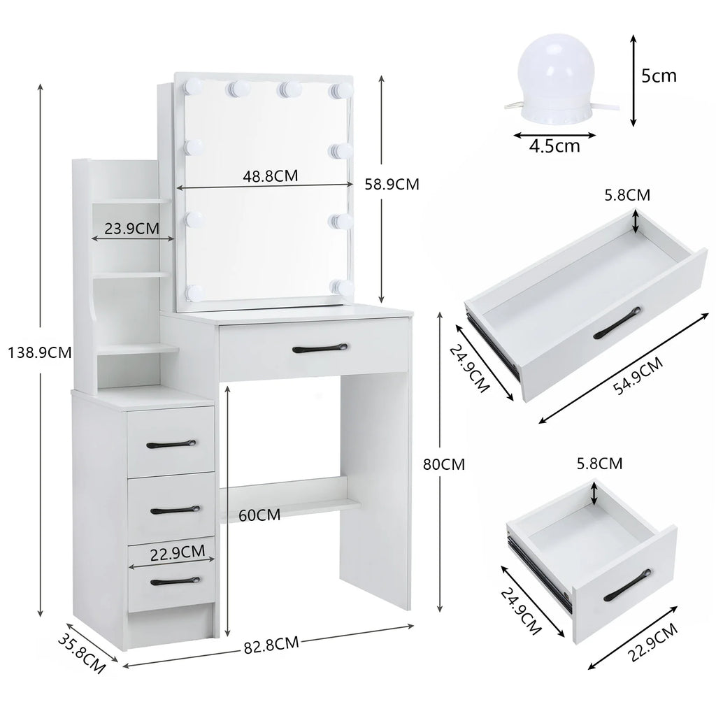 Modern White Dressing Table Stool Set with LED Light Mirror Vanity Make up Desk