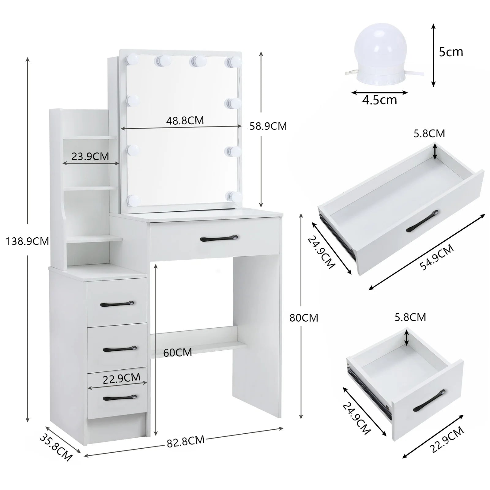Modern White Dressing Table Stool Set with LED Light Mirror Vanity Make up Desk