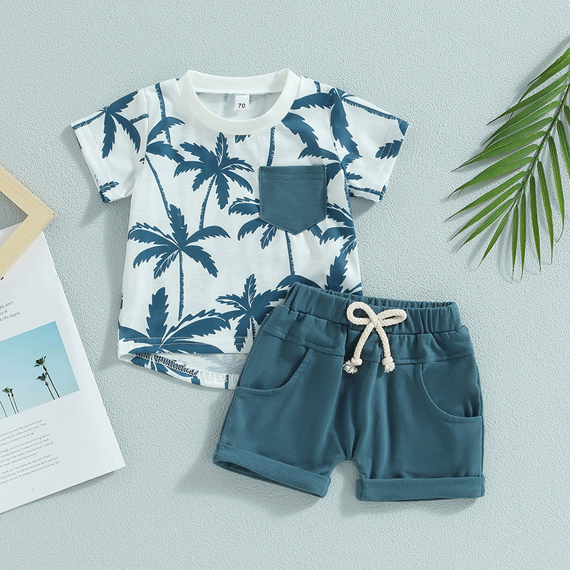 2023-04-21 Lioraitiin 0-3Years Toddler Baby Boy 2Pcs Summer Clothes Beach Tree Print Short Sleeve Crew Neck T-Shirts Shorts