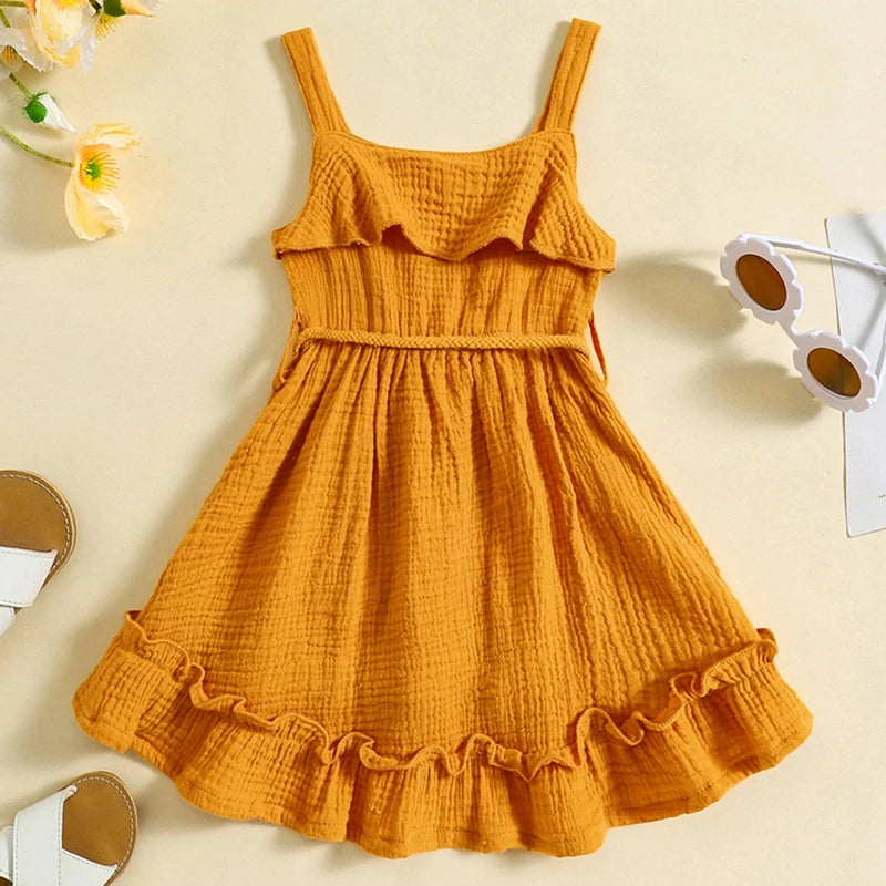2024-05-07 Lioraitiin Baby Girl Summer Dress Casual Sleeveless Square Neck Belted Dress Toddler A-Line Dress