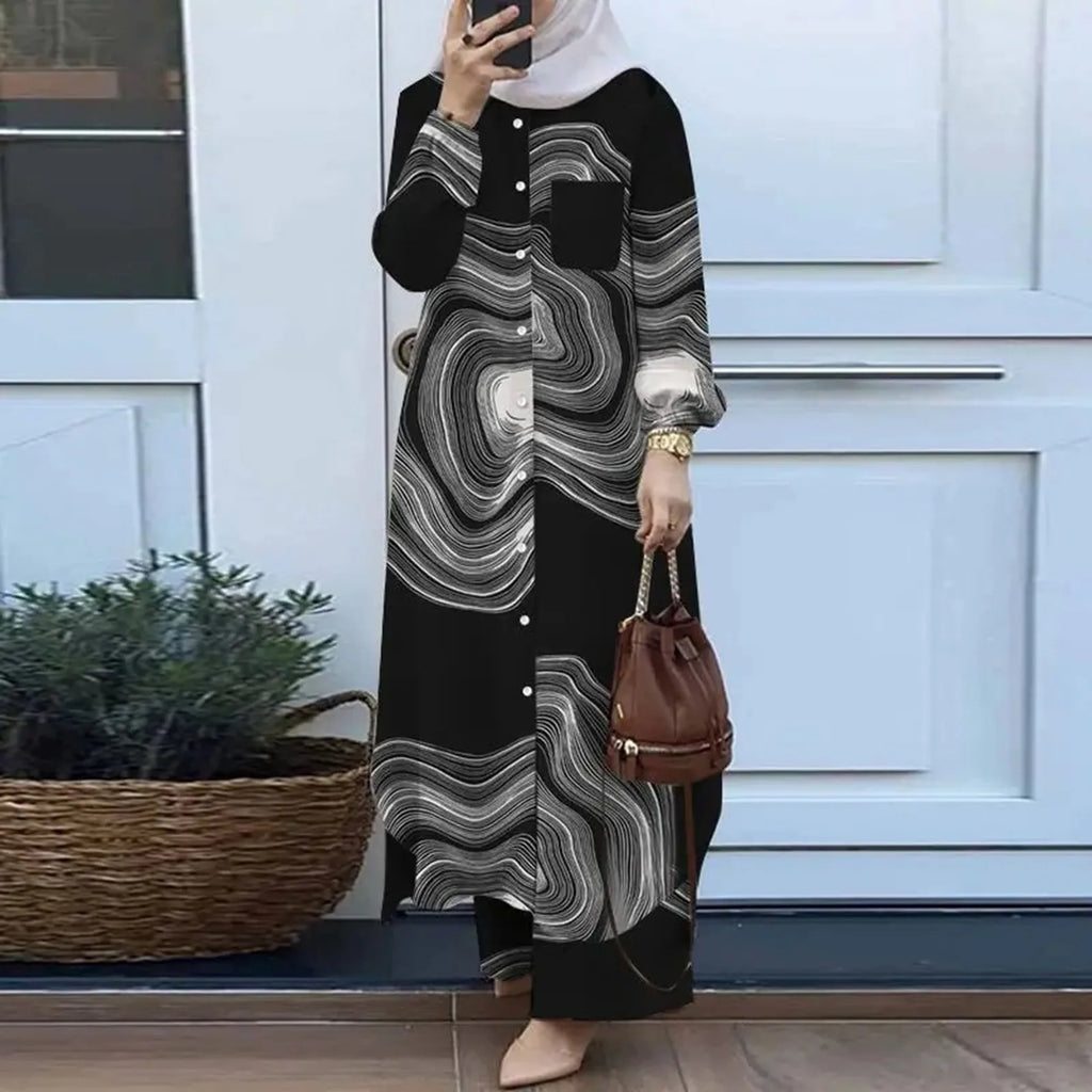 Muslim Sets Turkey Dubai Abaya Women Long Sleeve Buttons Up Shirt Set Causal Pants Suits Abayas For Women IsIamic Outifits