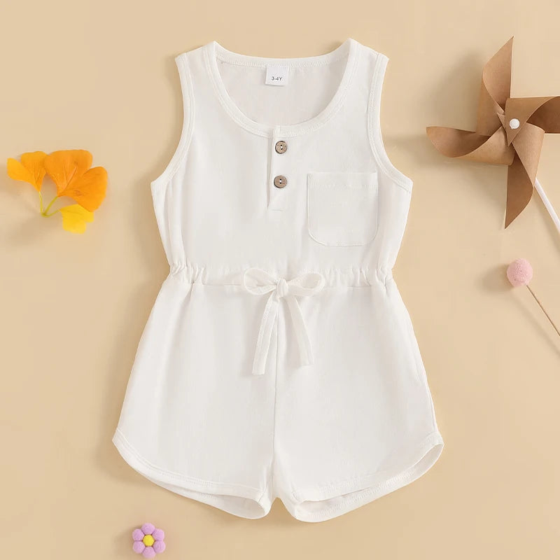 2024-12-04 Lioraitiin Litter Girls Summer Casual Jumpsuit Sleeveless Crewneck Solid Color Drawstring Tank Romper