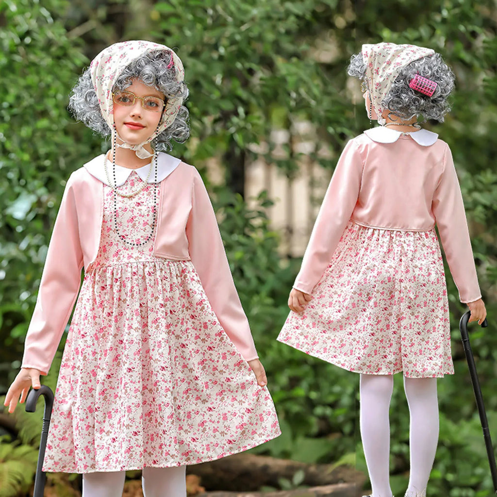 100 Days School Children Dress 100 Days Old Lady Costume Girls Grandma Outfit Old Grandma Cardigan Dresses Sets For Girl Clothes