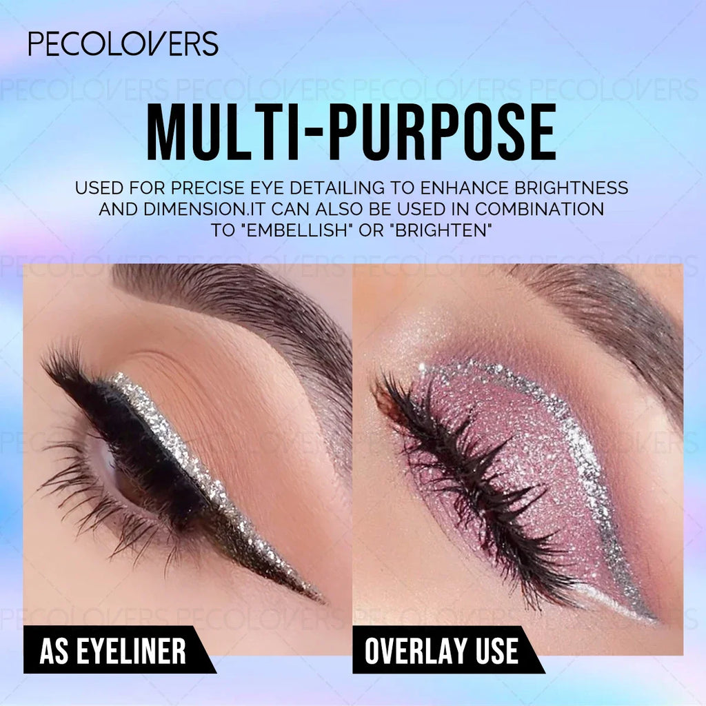 16-Shade Pearlescent Glitter Eyeliner - applied as eyeliner and eyeshadow overlay on eyes