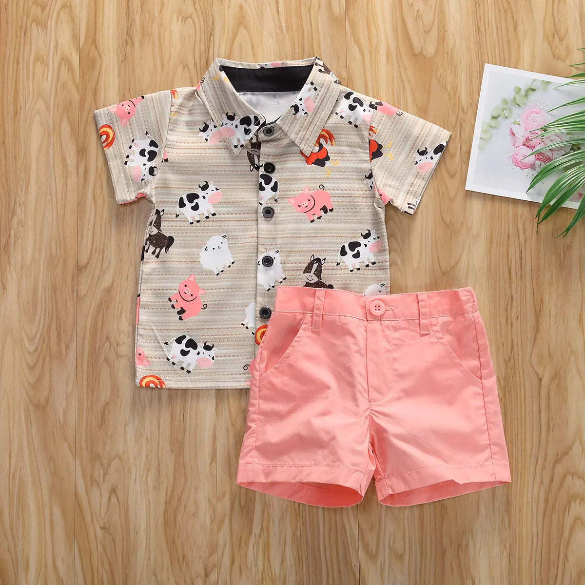 Lioraitiin 0-5years Toddler Boy Summer Clothes Set, Short Sleeve Printed Button Shirt+Solid Color Shorts Outfit