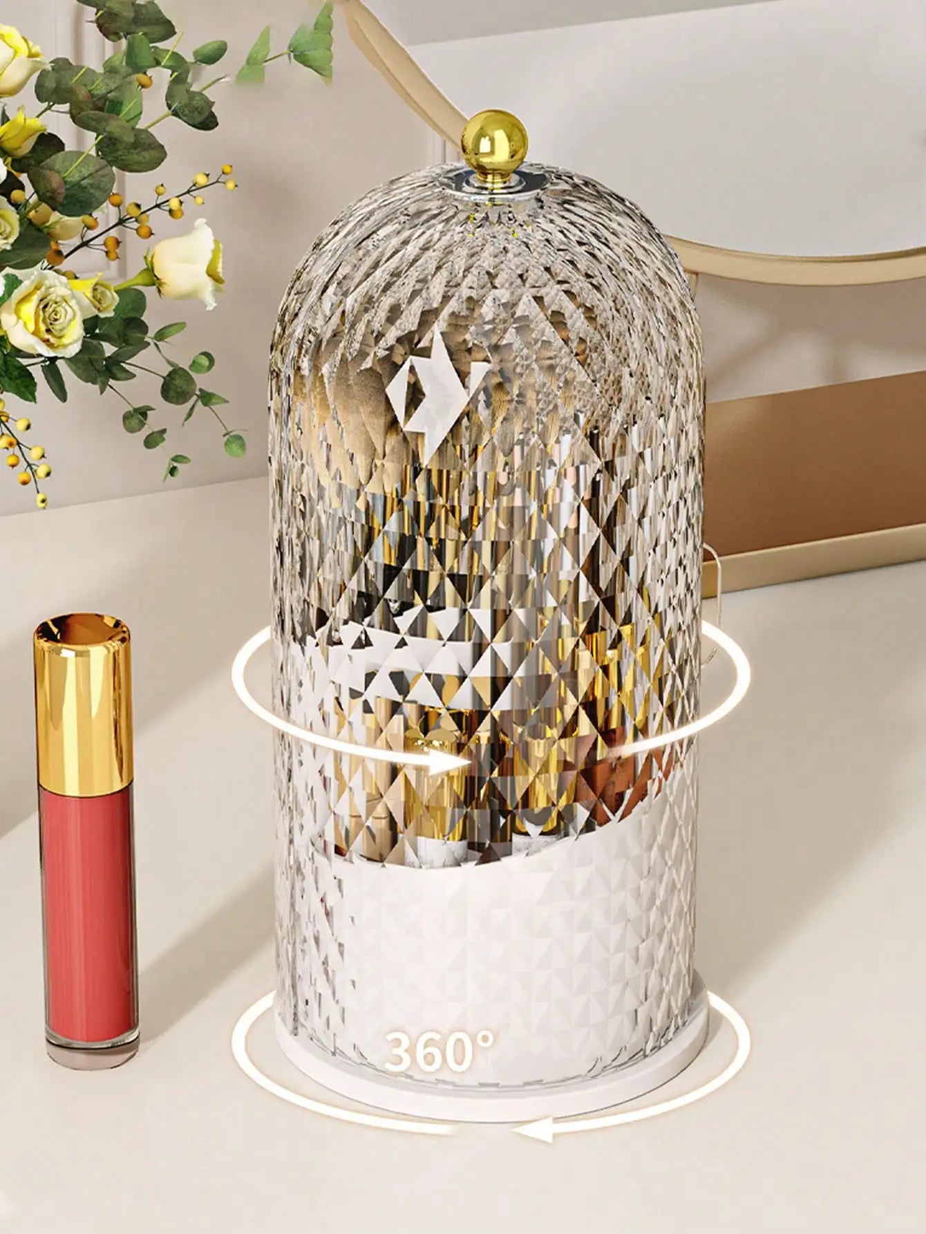 Transparent Sliding Door Birdcage Cosmetic Storage Box 360° Rotatable Makeup Brush Organizer Holder Multi Compartment Vanity Storage For Lip Liner Eyebrow Tools Makeup Brushes 1 Piece